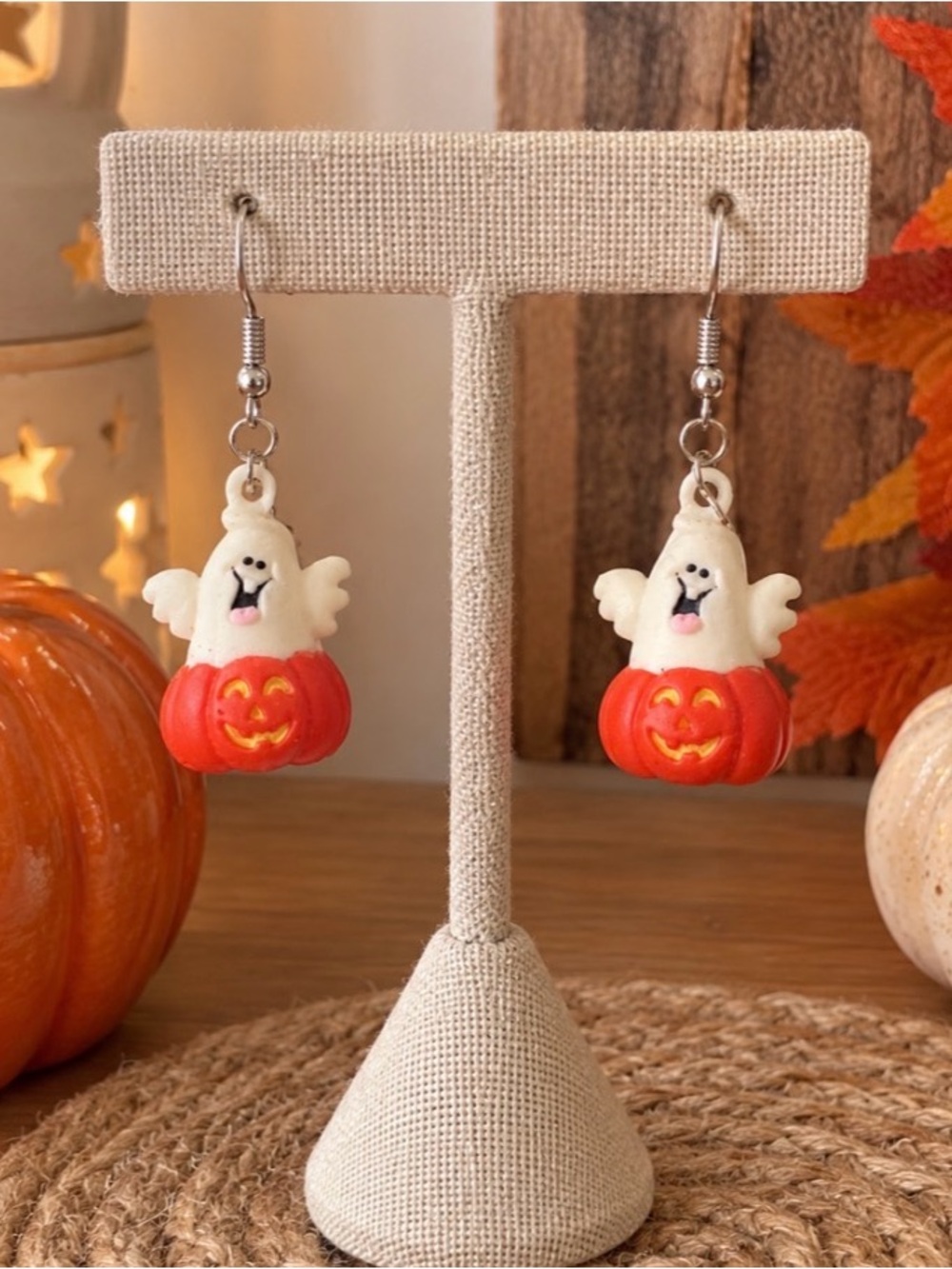 Vintage Halloween Ghost-in-Pumpkin Dangle Earrings 🎃
